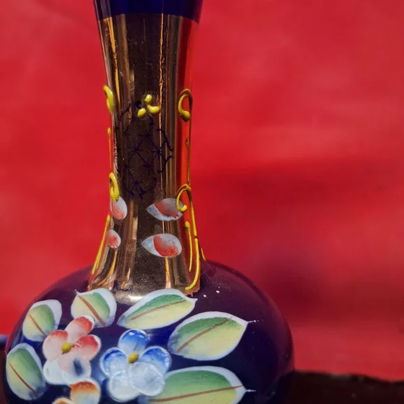 Vintage Bohemian Cobalt Blue Bud Vase – Hand-Painted Gold & Floral – 8" - Picture 8 of 11
